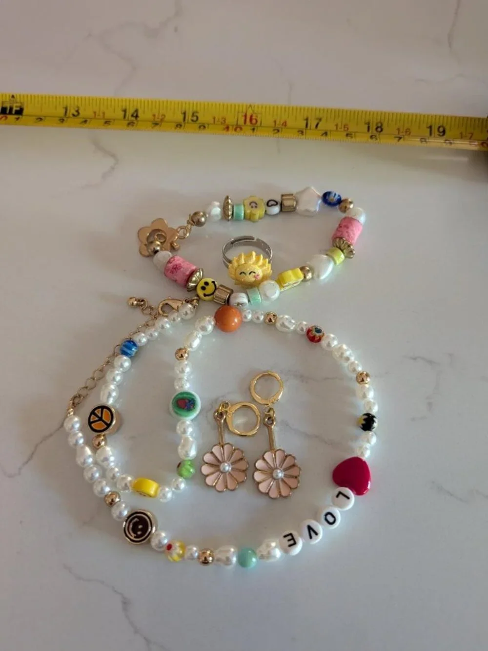 Multicolor Jewelry Set: Necklace, Stretch Bracelet, Earrings, Ring